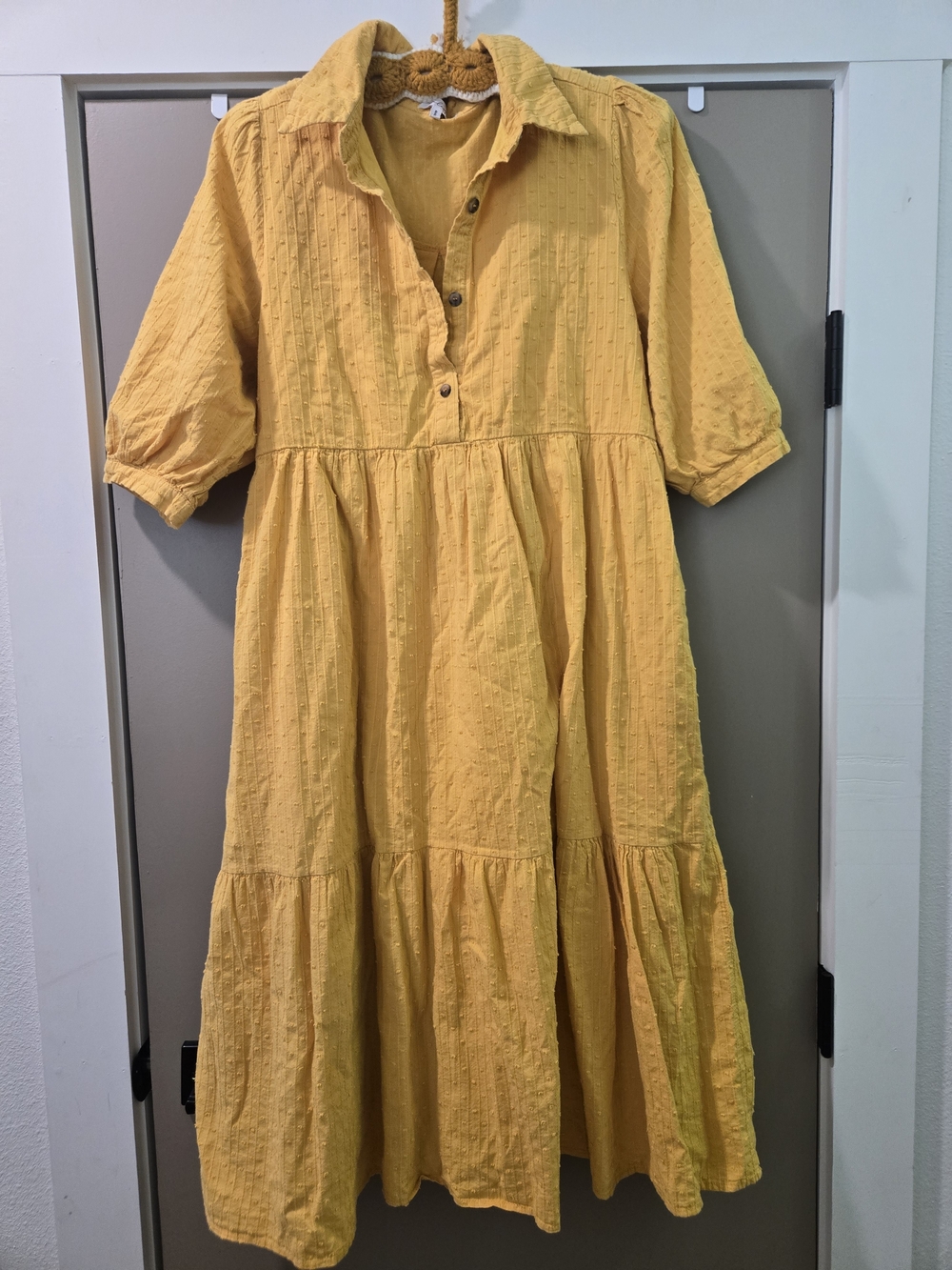 Calista Size L Mustard Yellow Dobby Cotton Tiered Maxi Shirt Dress